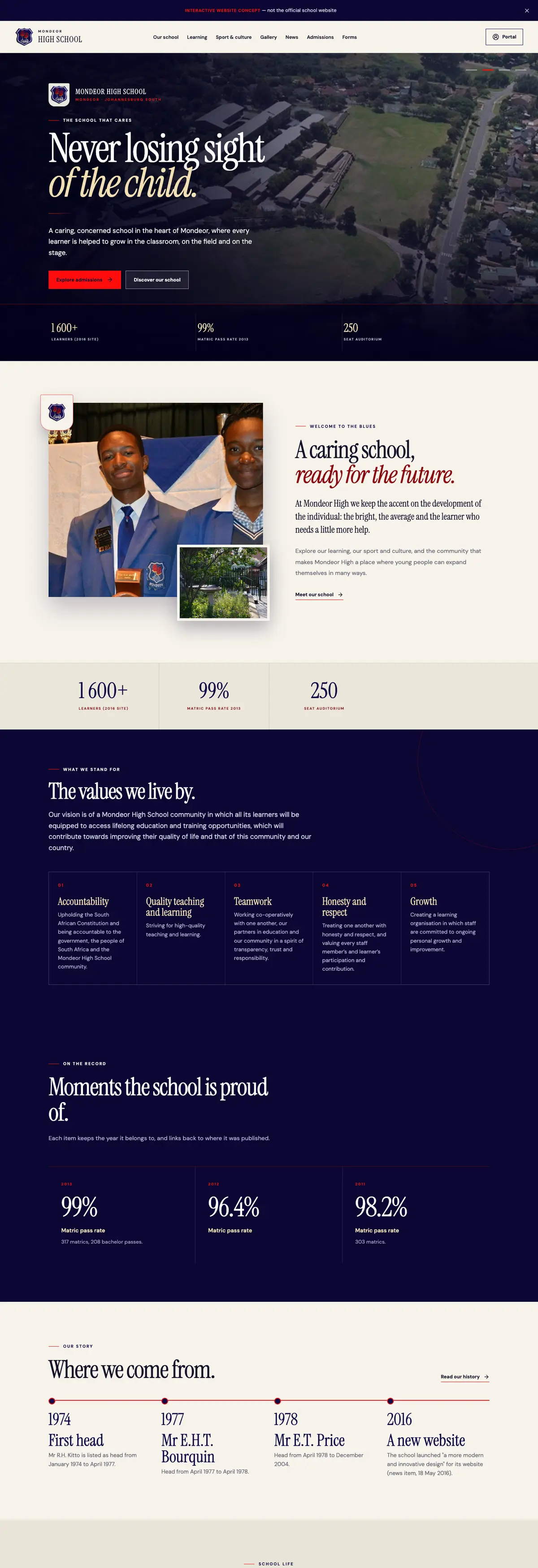 Screenshot of the Mondeor High School · concept website