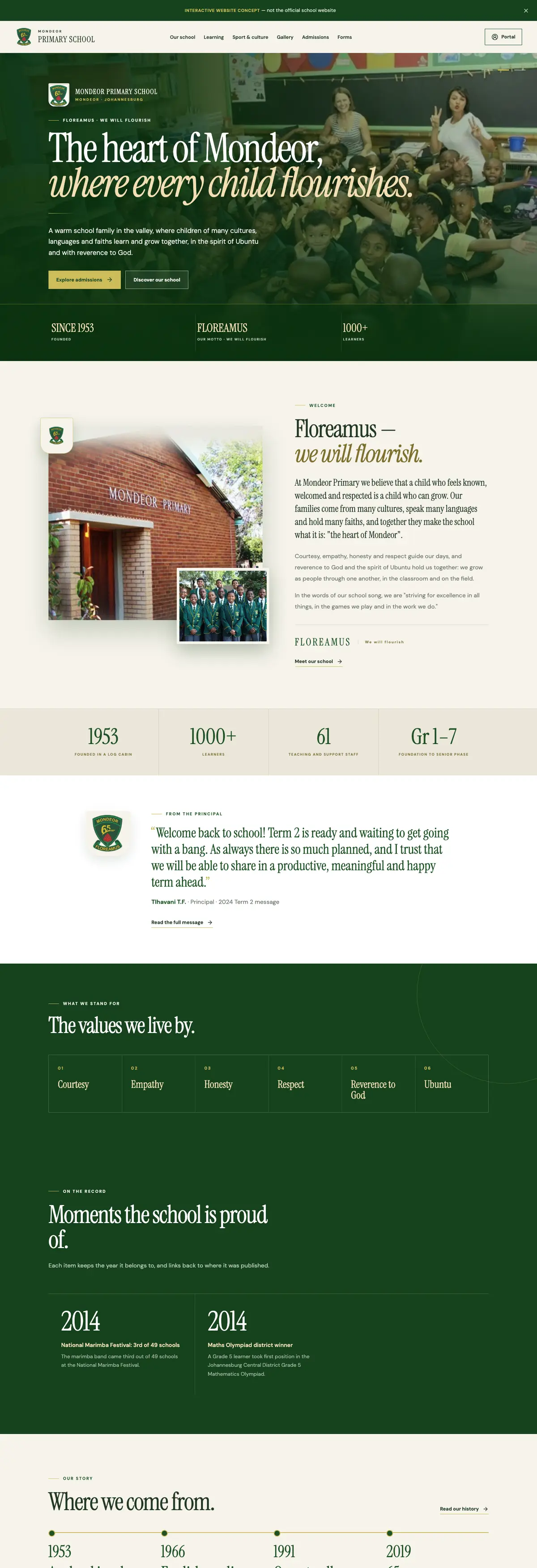 Screenshot of the Mondeor Primary School · concept website